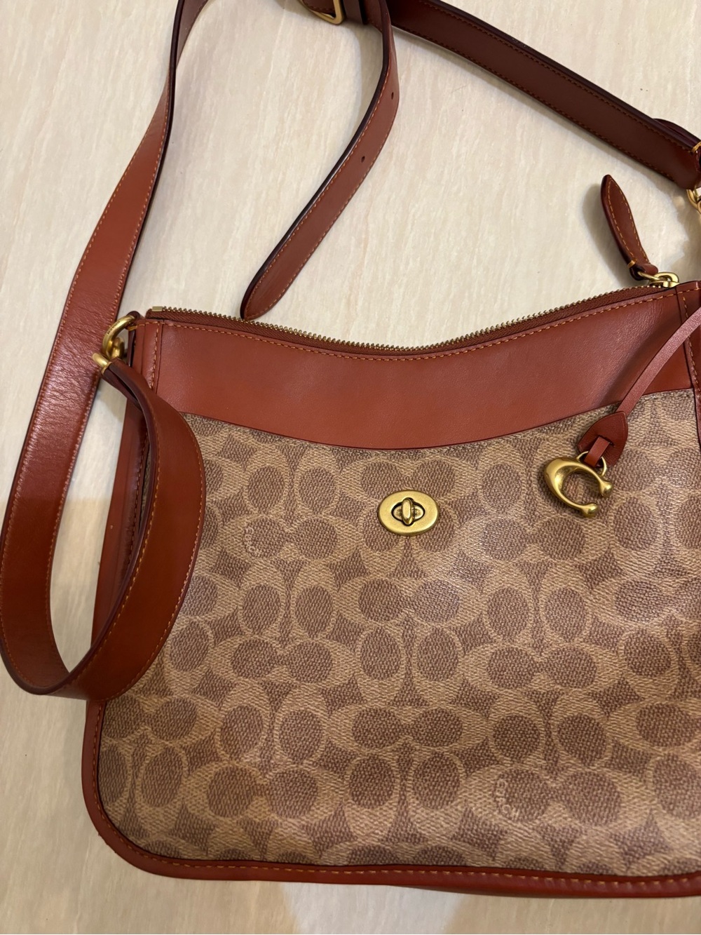 Coach Brown Signature Canvas Shoulder Bag with Leather Trim
